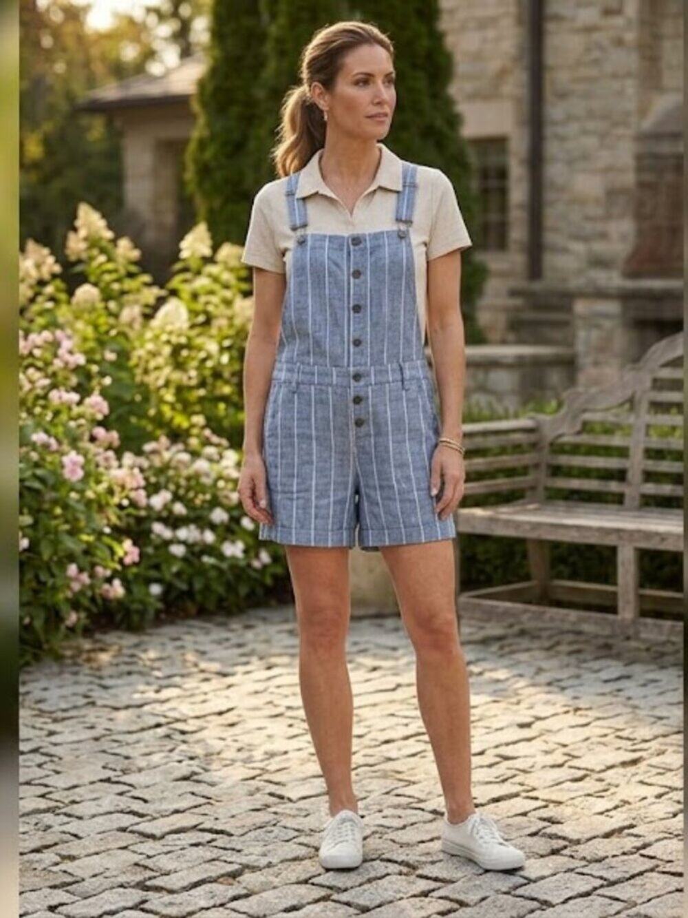 Indigo Rein Blue Striped Linen Blend Shortalls Overalls Romper L
